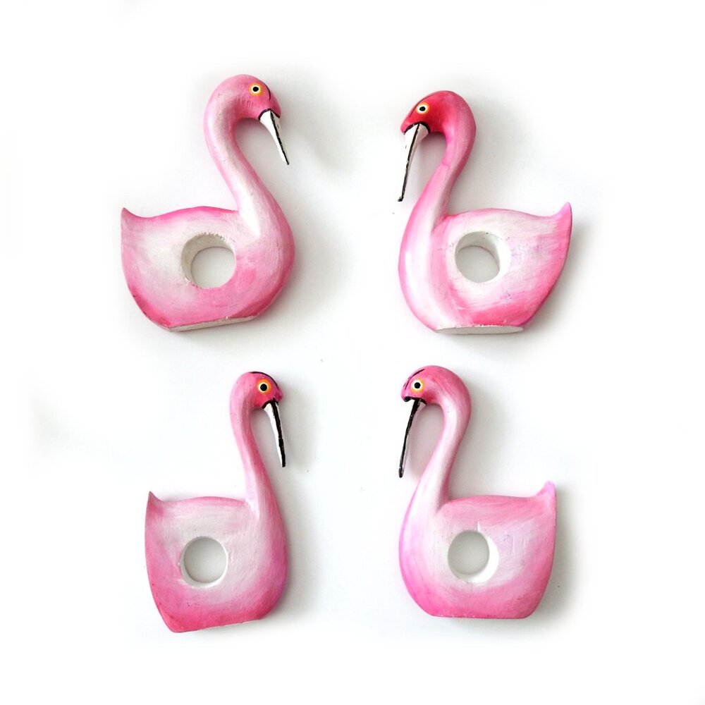 4 Flamingo Napkin Rings Hand-painted Wood Retro Vintage